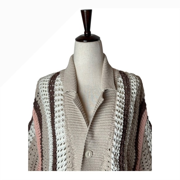 BDG Sweater Men Medium Tan Pink Striped Button Down Short Sleeve Knit Polo Retro - Picture 4 of 10